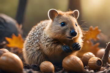 A quokka tries to eat acorns. Generative AI - obrazy, fototapety, plakaty