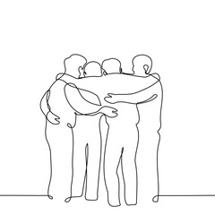 full length crowd of people standing and hugging - one line art vector. concept group of friends, team bidding