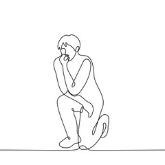 man sitting down on his knee thinking - one line art vector. concept thinking about something, brainstorming