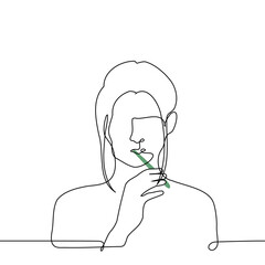 woman brushing her teeth - one line art vector. concept brushing teeth with a toothbrush