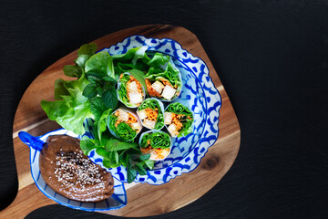 Healthy food concept Homemade vegan Tofu summer rolls or spring roll with peanut dipping sauce on black background with copt space