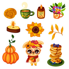 Autumn bundle of cute and cozy design elements. Set of fall twigs with leaves, сute bunny, tea, sunflower, candles, bun, pancakes, pumpkins, autumn flowers. A set of hand-drawn autumn illustrations.