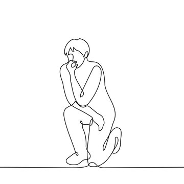 recommend clip art: man sitting down on his knee thinking - one line art vector. concept thinking about something, brainstorming