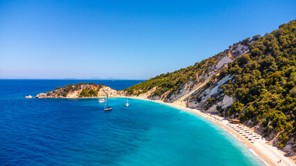 Aerial view of the paradise beach with turquoise water of Gidaki on the island of Ithaki or Ithaca in the Ionian sea in the Mediterranean sea of Greece