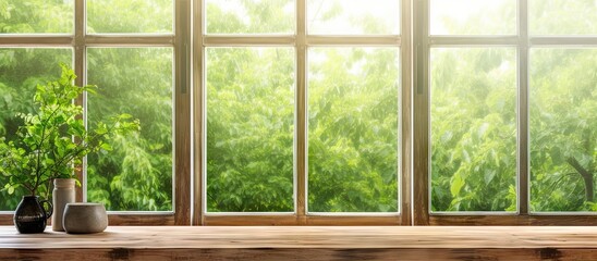 Nature glimpse. Sunlit window view with wooden table in old house. Vintage charm. Rustic serenity. Sunshine and greenery. Tranquil backdrop. Elegance in simplicity