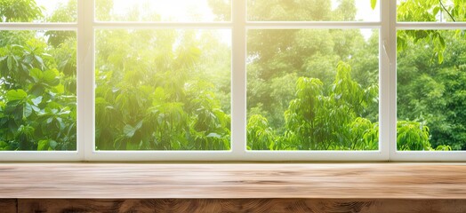 Nature glimpse. Sunlit window view with wooden table in old house. Vintage charm. Rustic serenity. Sunshine and greenery. Tranquil backdrop. Elegance in simplicity