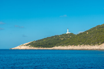 Fototapeta na wymiar Lighthouse or Cape Ducato Lefkas in the southern area of the Greek island of Lefkada. Greece.