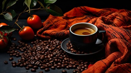 coffee cup with coffee beans on dark table 