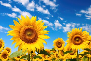 Obraz premium Sunflowers field and blue sky with white clouds. Beautiful agriculture field with yellow flowers. Rural landscape close-up.