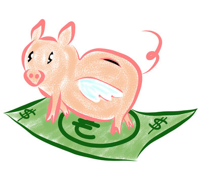 Cerdito hucha con alas volando sobre billete de d&oacute;lar o euros. Cerdito para guardar dinero dentro. Ilustraci&oacute;n a color de cerdo volando sin fondo. 