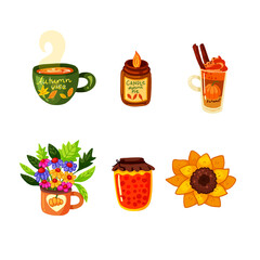 Autumn bundle of cute and cozy design elements. Sunflower, tea, pumpkin punch, jam and autumn flowers. A set of hand-drawn autumn illustrations.