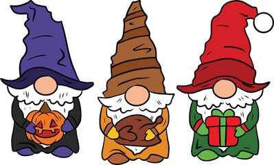 Gnome Hallothanksmas. Funny Design for Halloween, Thanksgiving Day and Christmas. Happy Hallothanksmas. Funny Halloween Thanksgiving Christmas gnomes