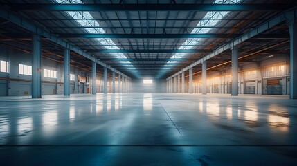 Empty warehouse building or factory hall ready for manufacturing. generative AI