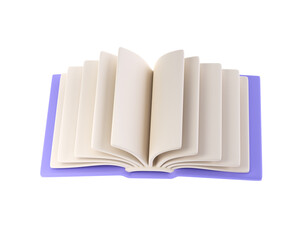 3d icon open book school, diary with white paper blank pages and bookmark. Cartoon minimal style isolated with clipping path