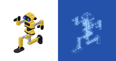 Concept with a dancing robot in isometric style for print and decoration. Vector illustration.