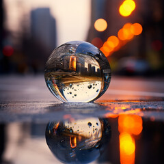 A Raindrop reflects city lights