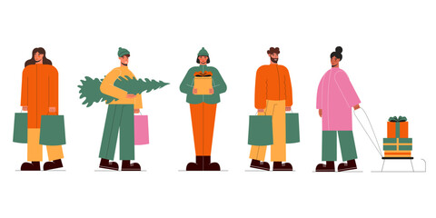 Happy Merry people carrying  shopping bags, christmas tree, and gift boxes. Men and women preparing presents for christmas and New Year.  Vector flat illustration in cartoon style.
