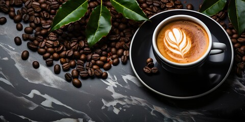Top view Cup of coffee and bean with green leaves on black stone table background.