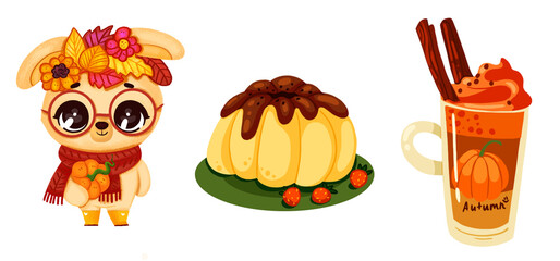 Autumn bundle of cute and cozy design elements. Cute bunny, pumpkin punch and pudding. A set of hand-drawn autumn illustrations.