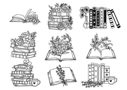 Set of hand drawn outline books designs. Vector floral books, stack of books, open book.