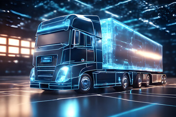 Tractor truck. 3d illustrator rendering lorry van. Highway road. futuristic city dark blue background. Transportation, logistics shipping concept. Digital polygonal hologram.AI Generated