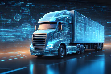 Tractor truck. 3d illustrator rendering lorry van. Highway road. futuristic city dark blue background. Transportation, logistics shipping concept. Digital polygonal hologram.AI Generated