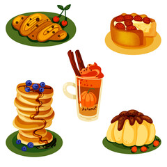 Autumn bundle of cute and cozy design elements. Set of pumpkin punch, pie, pudding, pancakes, croissant. A set of hand-drawn autumn illustrations.