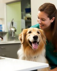 Female veterinarian examining a cute dog at a clinic. Concept of dogs and pets heath and care. Shallow field of view or blurred background.
