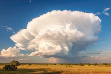 Rural landscape with thunderstorm cumulonimbus cloud and blue sky.