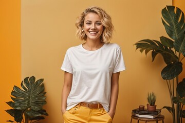 Young happy surprised caucasian smiling woman 20s wear white casual t-shirt on workspace area copy space mock up isolated on yellow orange color background studio portrait
