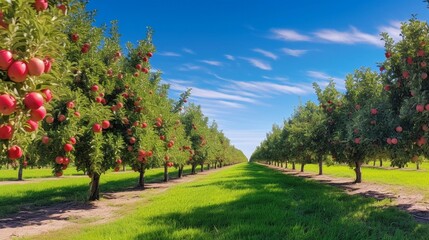 A panoramic view of an apple orchard with rows of trees laden with both red and green apples, set against a clear blue sky. AI generated.
