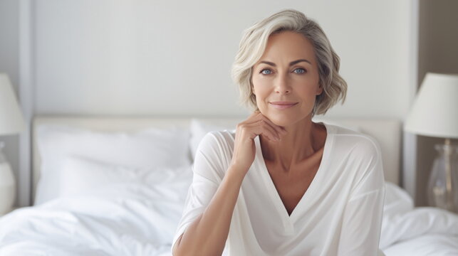 Very attractive mature women posing sitting at her bedroom looking at the camera.Attractive middle aged lady in nightdress lying on bed. Generative AI