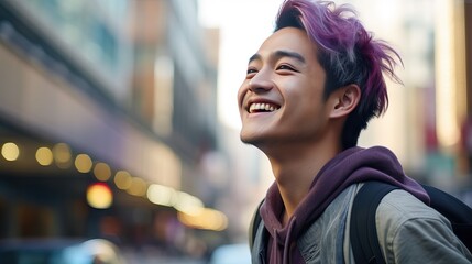 Portrait of an Asian man with purple hair smiling