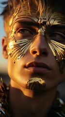 Closeup portrait of a man with beautiful gold makeup at golden hour