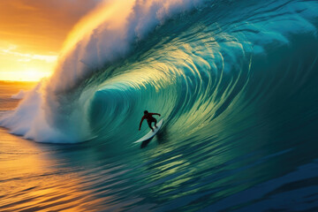 Surfer on Amazing Blue Wave in the Barrel of ocean. Surf. Generaive Ai