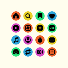 Multicolor Social Media App Icons Kit Template, Isolated on Light Background, Flat User Interface Icons in Circles of Various Colors. 