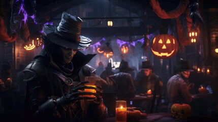 Spooky Halloween party inside a creepy barn, scary man in jack the ripper costume, guests in costumes in the background, weird carved pumpkins used as decorations, horror mood