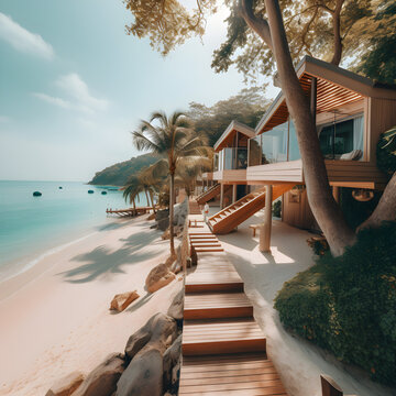 small resort houses on beach with long stair
