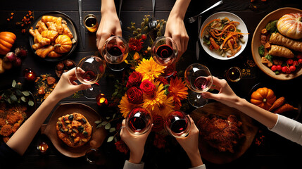 Celebrating Thanksgiving day, Flat-lay of feasting peoples hands clinking glasses. Generative Ai