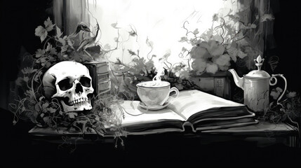 Black-and-white ink illustration of a skill, book, and tea cup, and teapot, Halloween themed decorations, macabre illustration, reading and gothic leisure concept