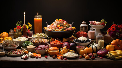 Table Full of Thanksgiving Day Food Image, Bright color. Generative Ai