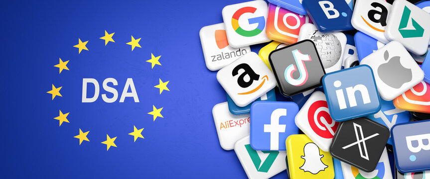 Companies or services affected by the Digital Services Act of the European Union. Logos on a heap on a table. European union flag and "DSA" displayed to the left.