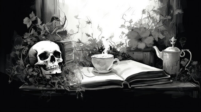 Black-and-white ink illustration of a skill, book, and tea cup, and teapot, Halloween themed decorations, macabre illustration, reading and gothic leisure concept
