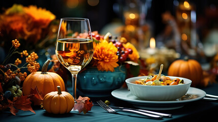 Close-up of cozy decor details of a festive autumn dining table with pumpkins. Generative Ai