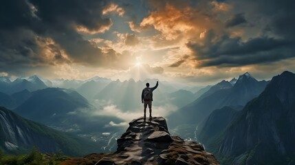 Man traveler on mountain summit enjoying nature Generative AI - obrazy, fototapety, plakaty