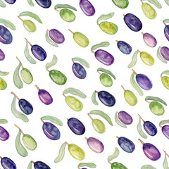 Hand drawn watercolor patern of olives on white isolated background. For amazing food design. Vintage style. Violet and green olives seamless