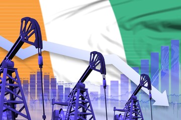 lowering down chart on Cote d Ivoire flag background - industrial illustration of Cote d Ivoire oil industry or market concept. 3D Illustration