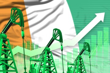rising up chart on Cote d Ivoire flag background - industrial illustration of Cote d Ivoire oil industry or market concept. 3D Illustration