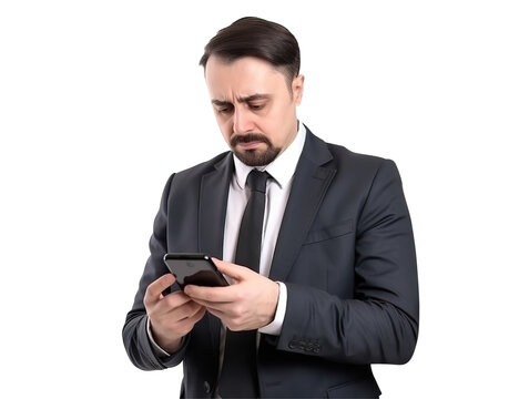Businessman reading bad news in his smartphone, cut out