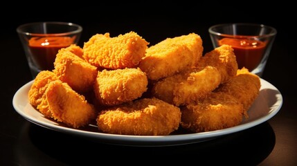 Front view pile of chicken nuggets with tomato sauce on a wooden table with blurred background